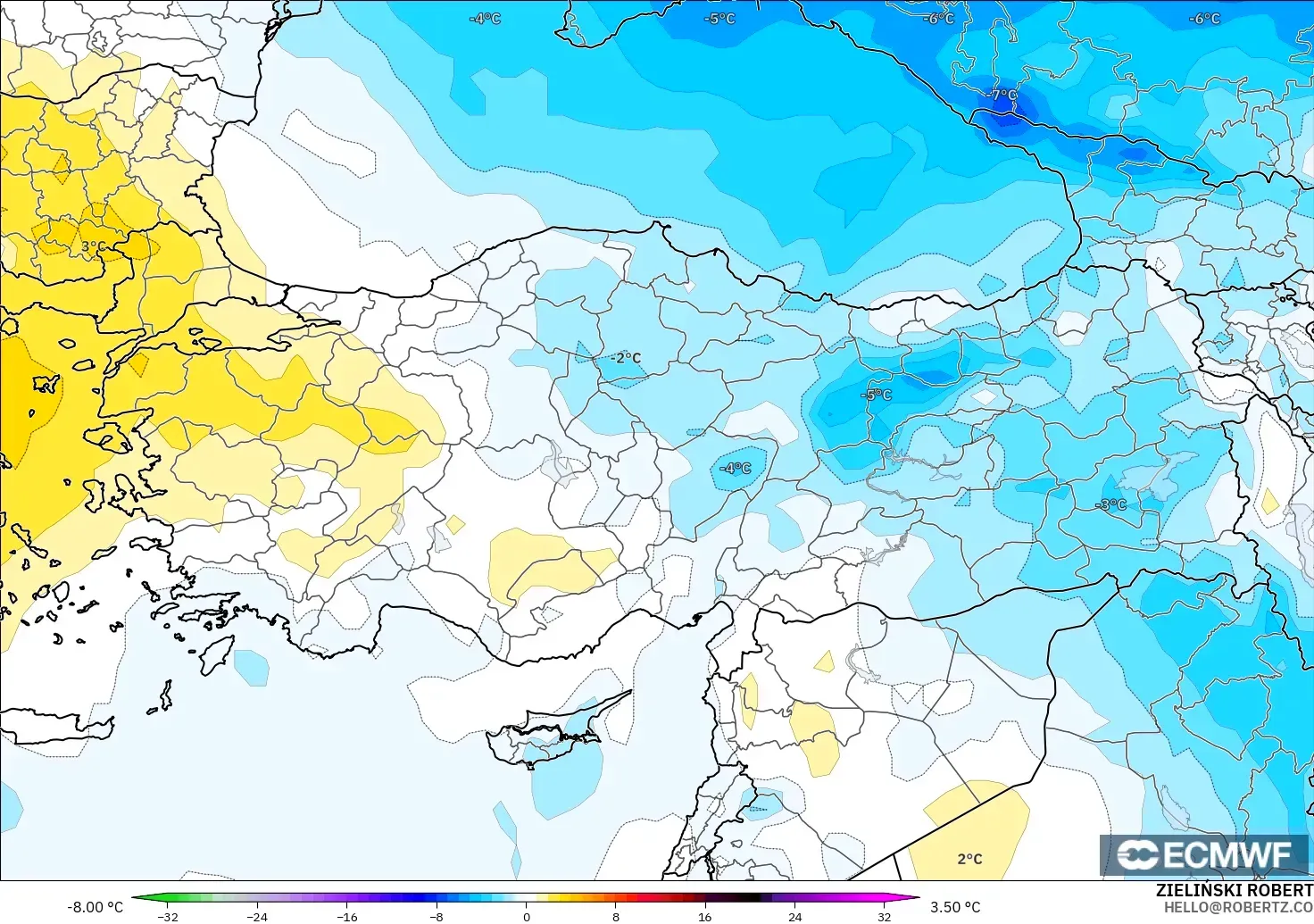 ECMWF IFS 0.25° model - Turkey, Temperature at 850hPa Anomaly