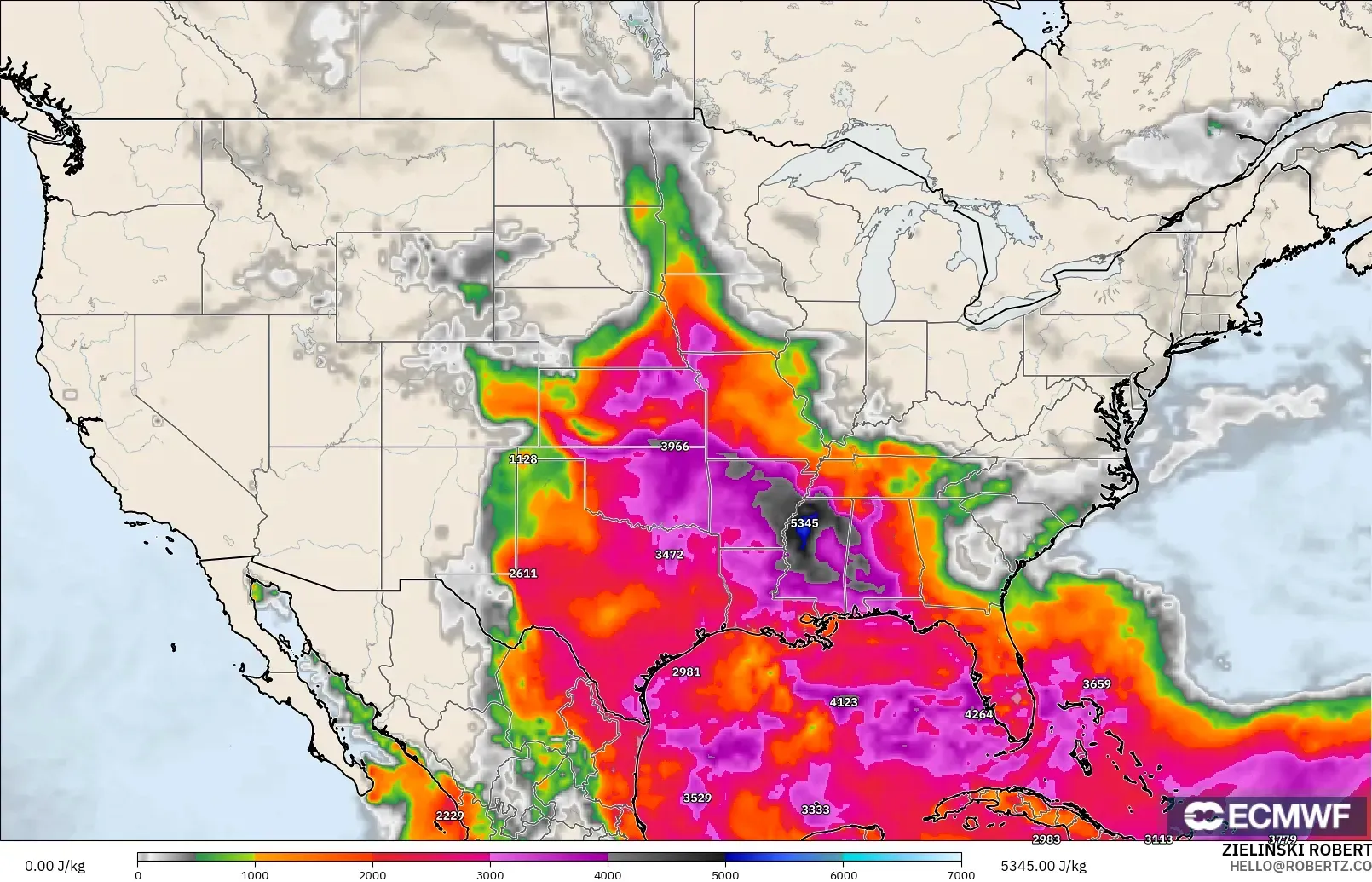 ECMWF IFS 0.25° model - United States, CAPE