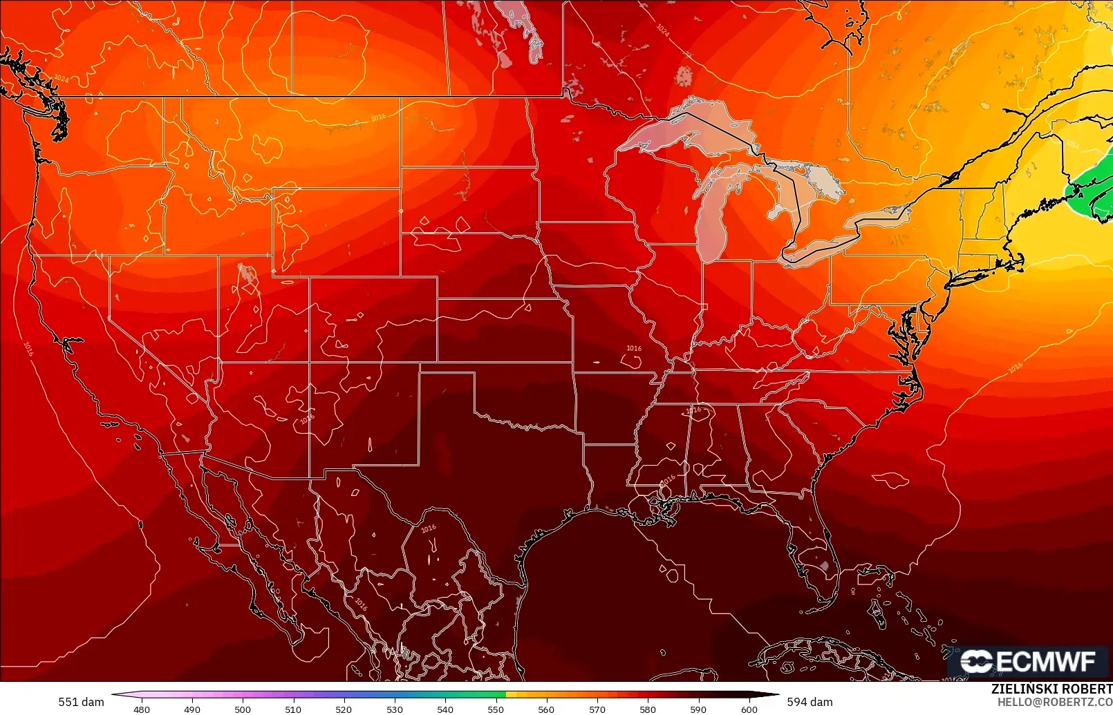 ECMWF IFS 0.25° model - United States, Geopotential height at 500hPa
