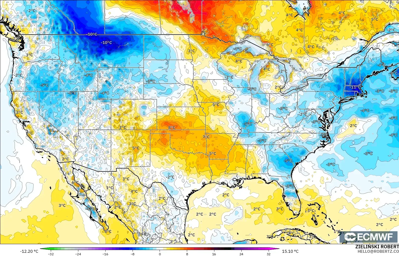 ECMWF IFS 0.25° model - United States, Temperature at 2m Anomaly