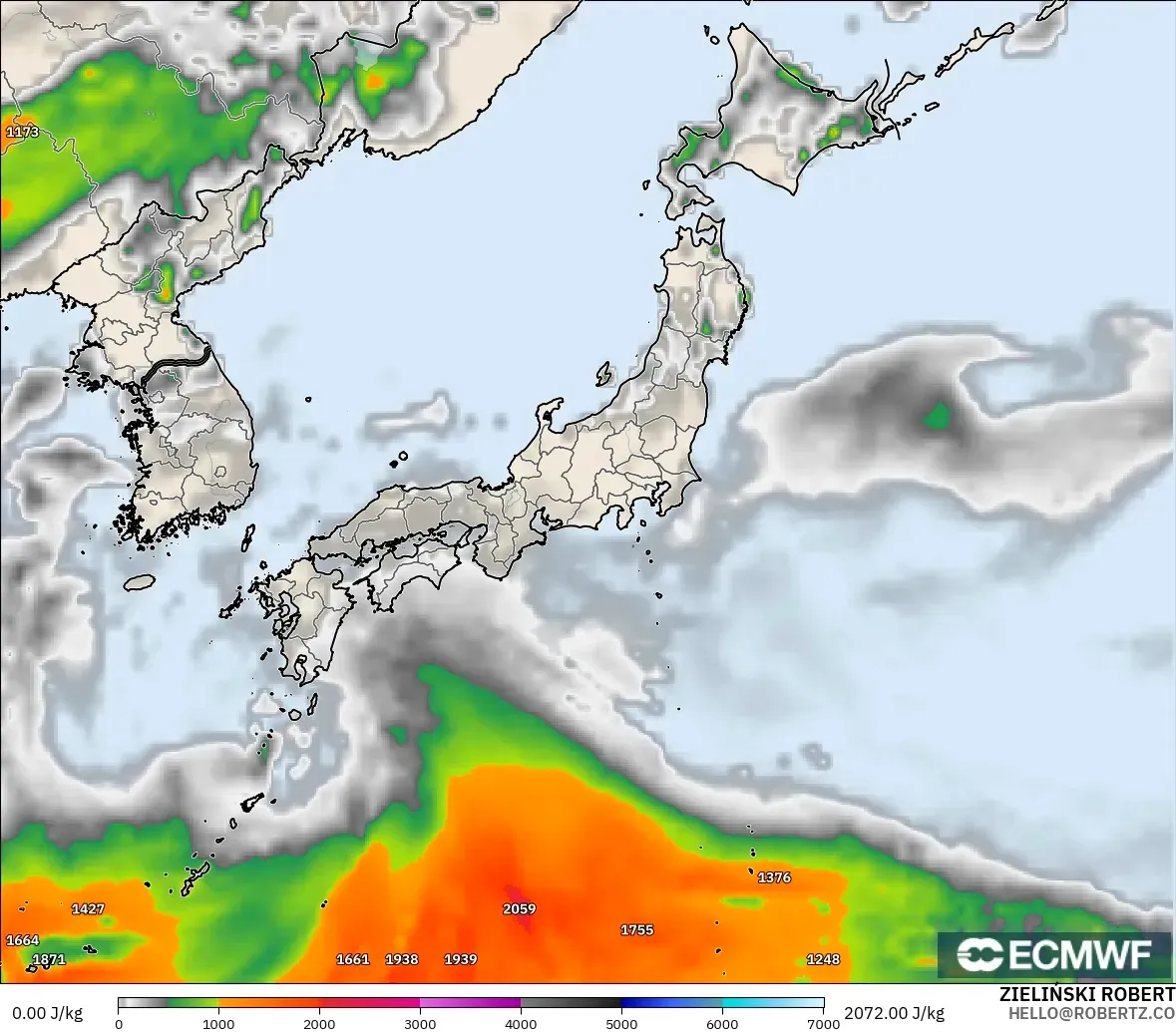 ECMWF IFS 0.25° model - Japan, CAPE