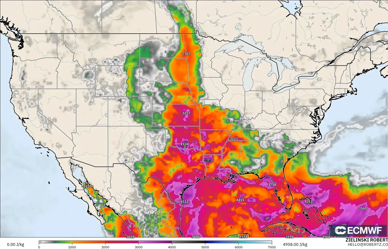 ECMWF IFS 0.25° model - United States, CAPE
