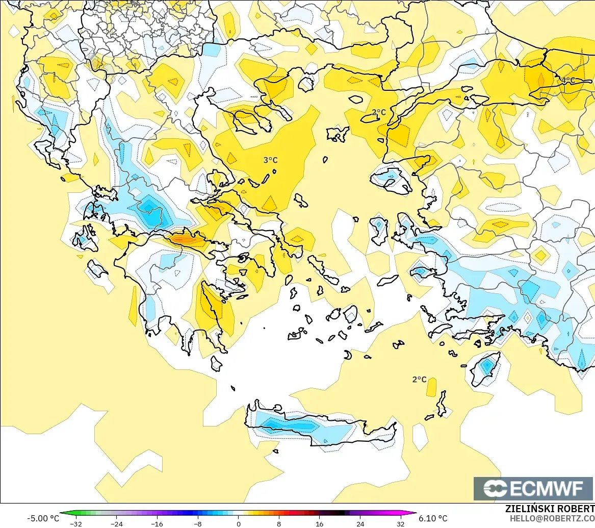 ECMWF IFS 0.25° model - Greece, Temperature at 2m Anomaly