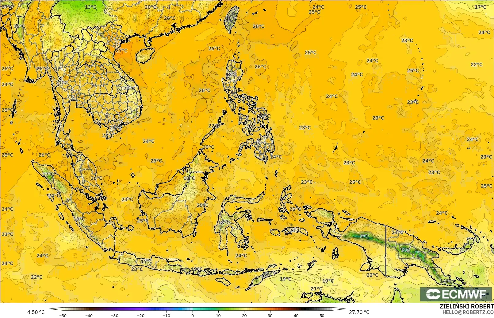 ECMWF IFS 0.25° model - South East Asia, Dewpoint at 2m