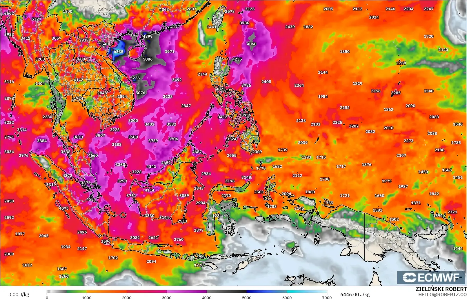 ECMWF IFS 0.25° model - South East Asia, CAPE