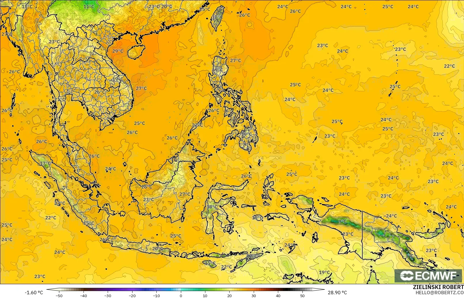 ECMWF IFS 0.25° model - South East Asia, Dewpoint at 2m