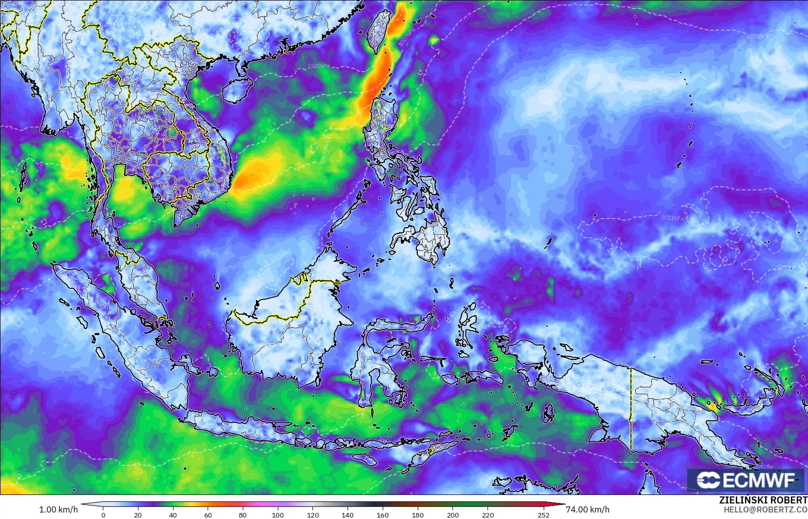 ECMWF IFS 0.25° model - South East Asia, Wind Gusts