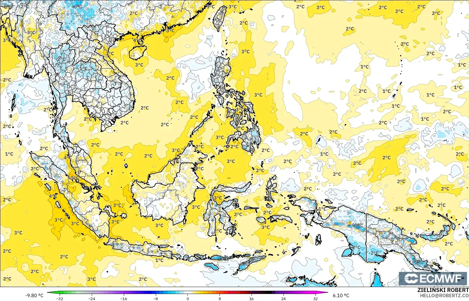 ECMWF IFS 0.25° model - South East Asia, Temperature at 2m Anomaly