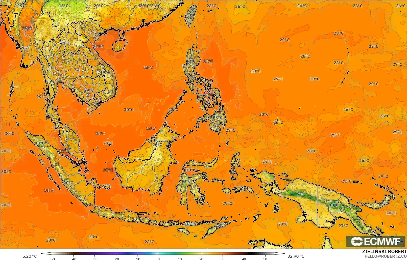 ECMWF IFS 0.25° model - South East Asia, Temperature at 2m