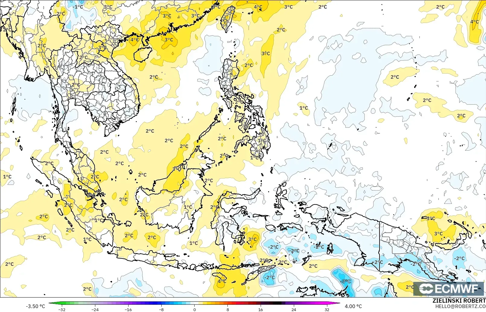 ECMWF IFS 0.25° model - South East Asia, Temperature at 850hPa Anomaly