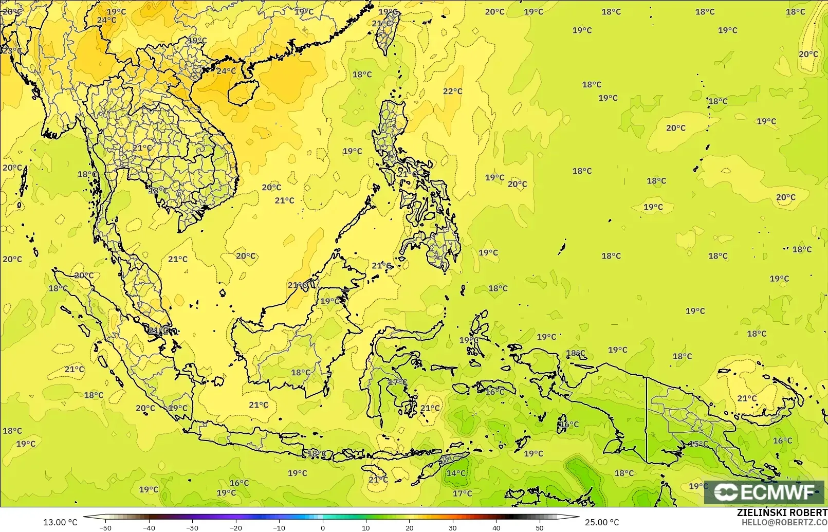 ECMWF IFS 0.25° model - South East Asia, Temperature at 850hPa