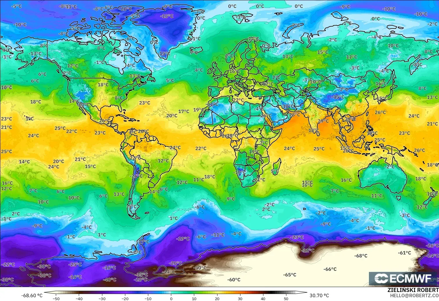 ECMWF IFS 0.25° model - World, Dewpoint at 2m