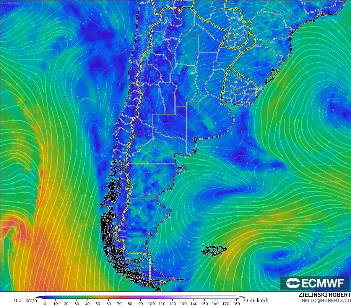 ECMWF IFS 0.25° model - Argentina, Wind at 10m
