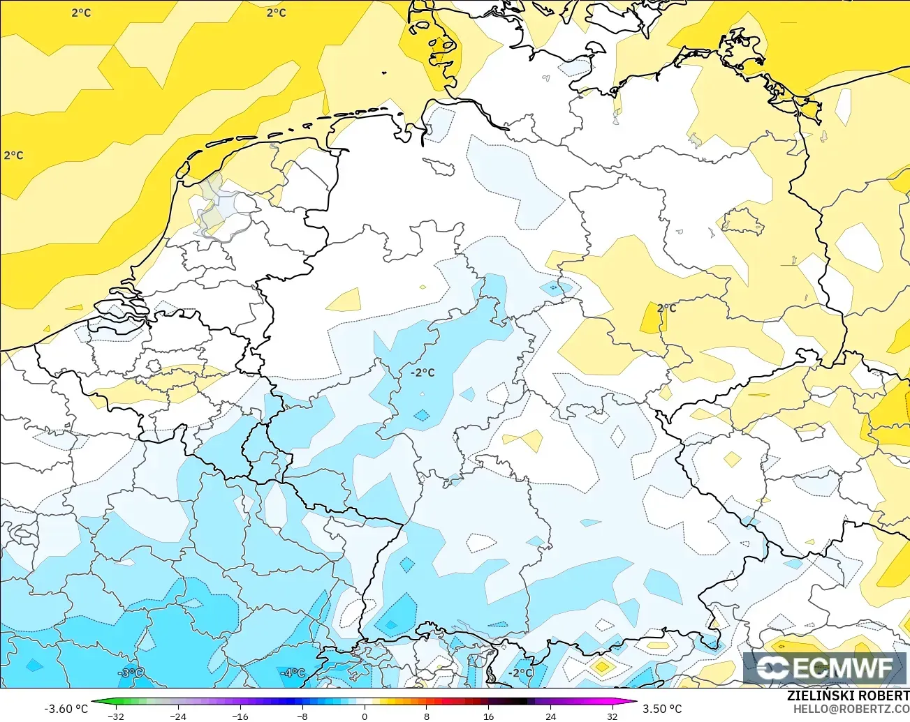 ECMWF IFS 0.25° model - Germany, Temperature at 2m Anomaly