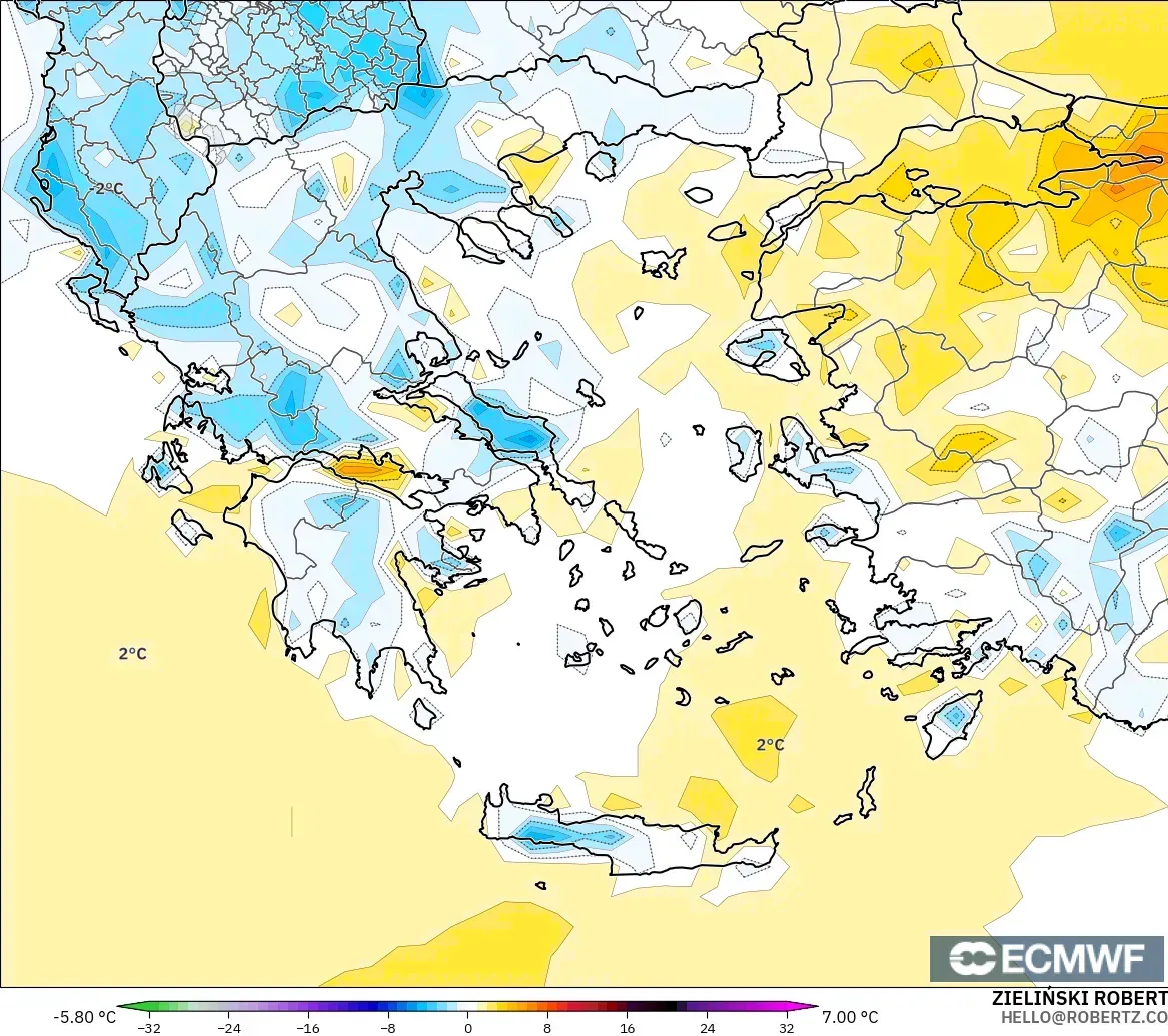 ECMWF IFS 0.25° model - Greece, Temperature at 2m Anomaly