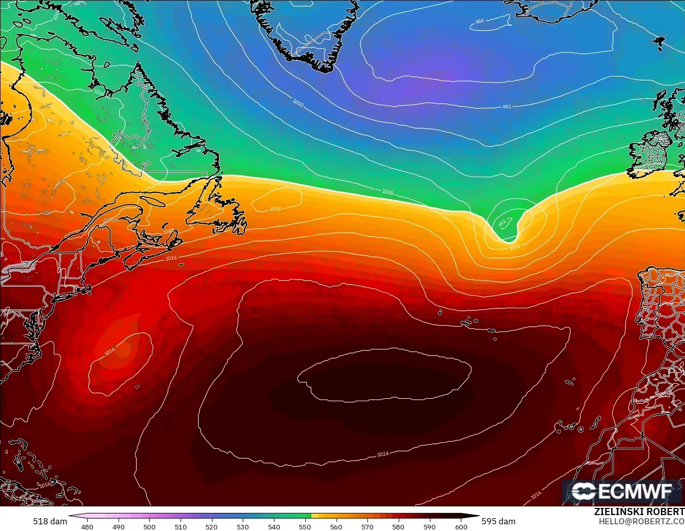 ECMWF IFS 0.25° model - North Atlantic, Geopotential height at 500hPa