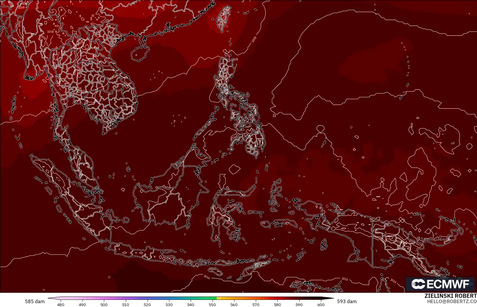 ECMWF IFS 0.25° model - South East Asia, Geopotential height at 500hPa