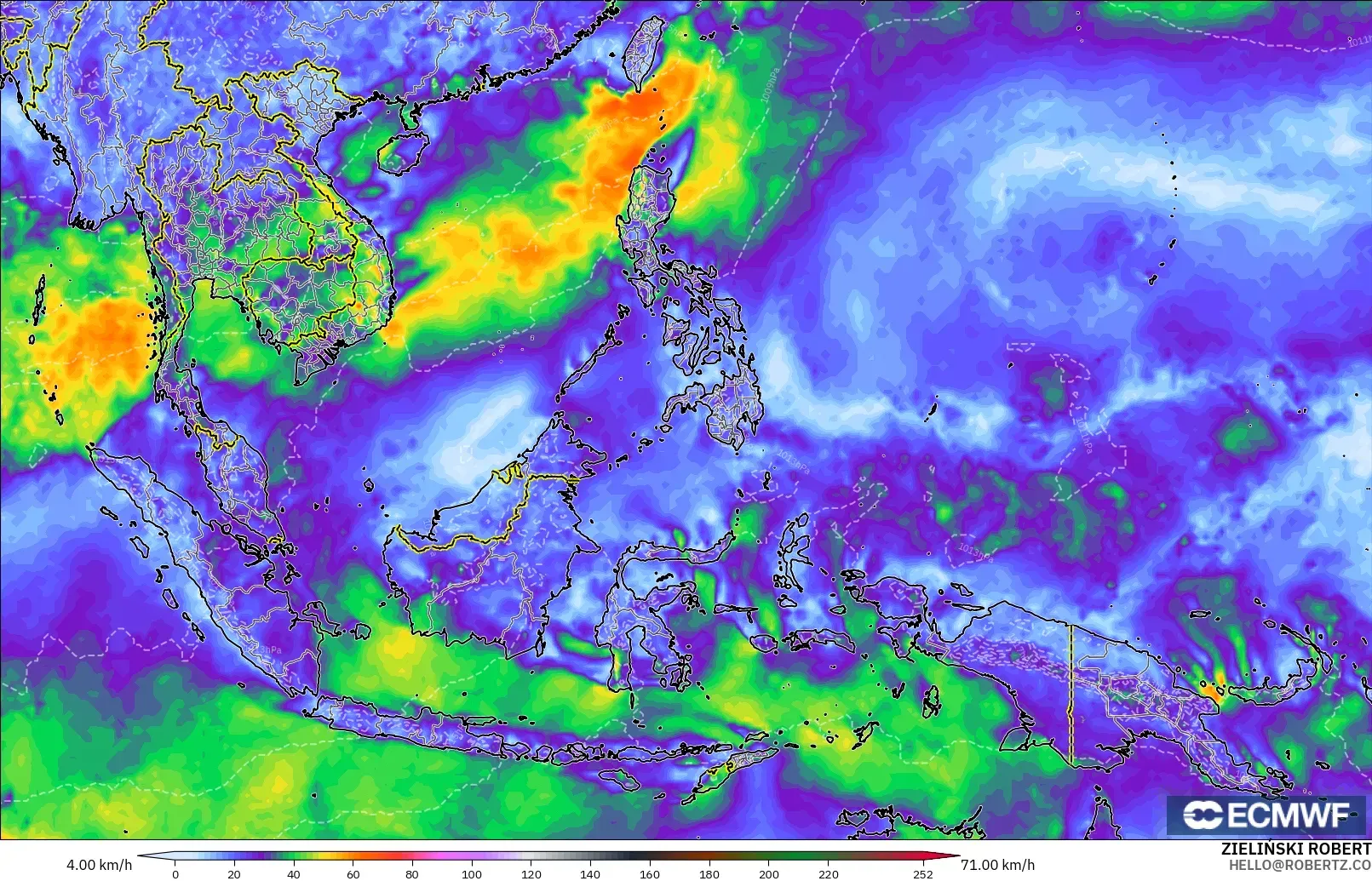 ECMWF IFS 0.25° model - South East Asia, Wind Gusts