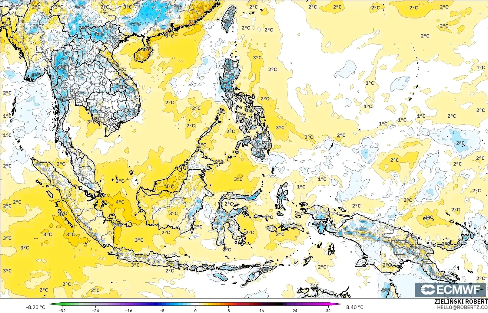 ECMWF IFS 0.25° model - South East Asia, Temperature at 2m Anomaly