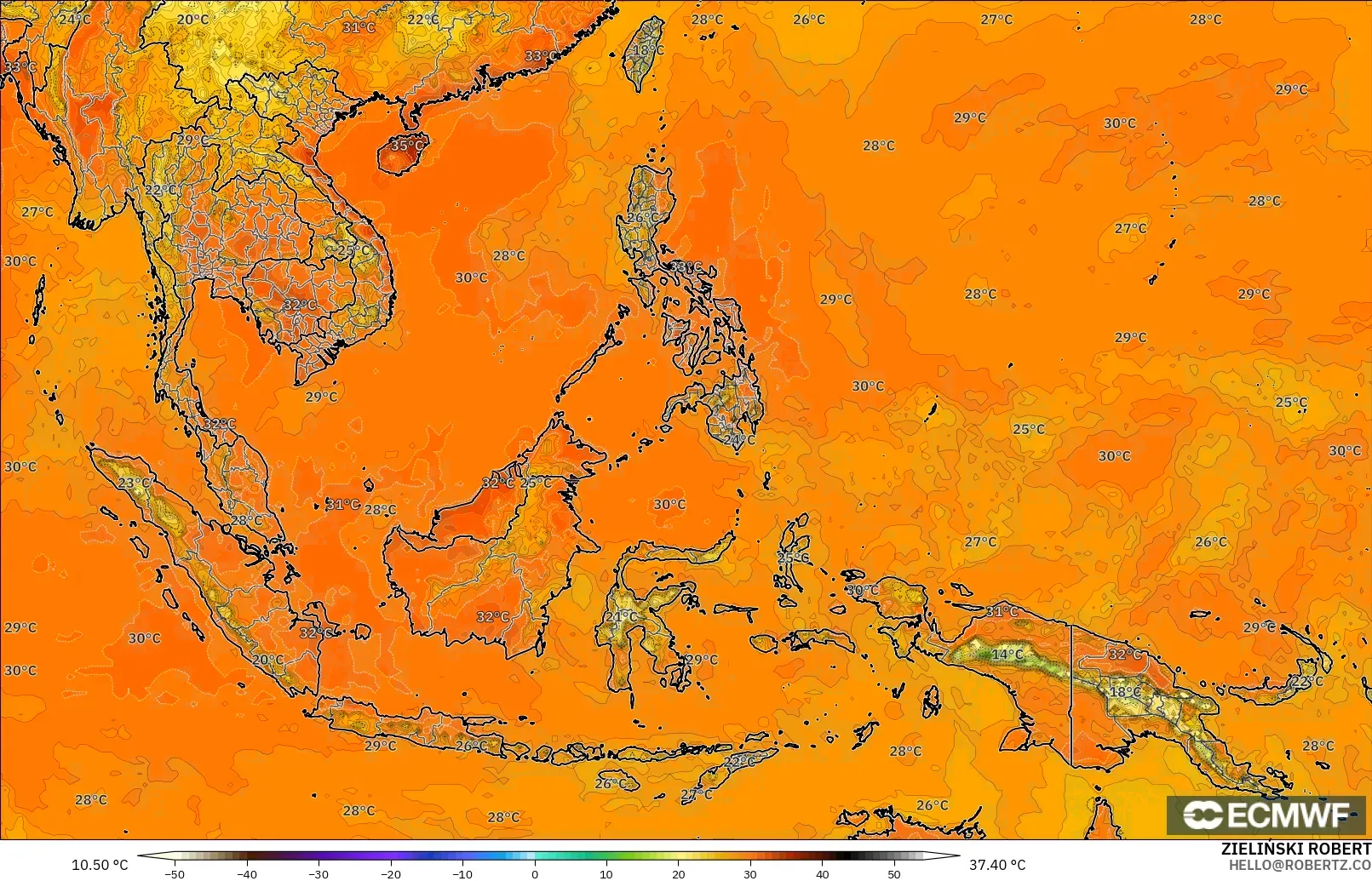 ECMWF IFS 0.25° model - South East Asia, Temperature at 2m