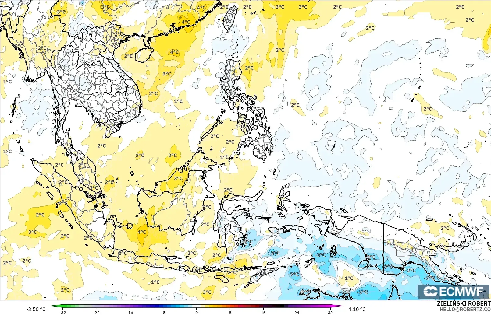 ECMWF IFS 0.25° model - South East Asia, Temperature at 850hPa Anomaly