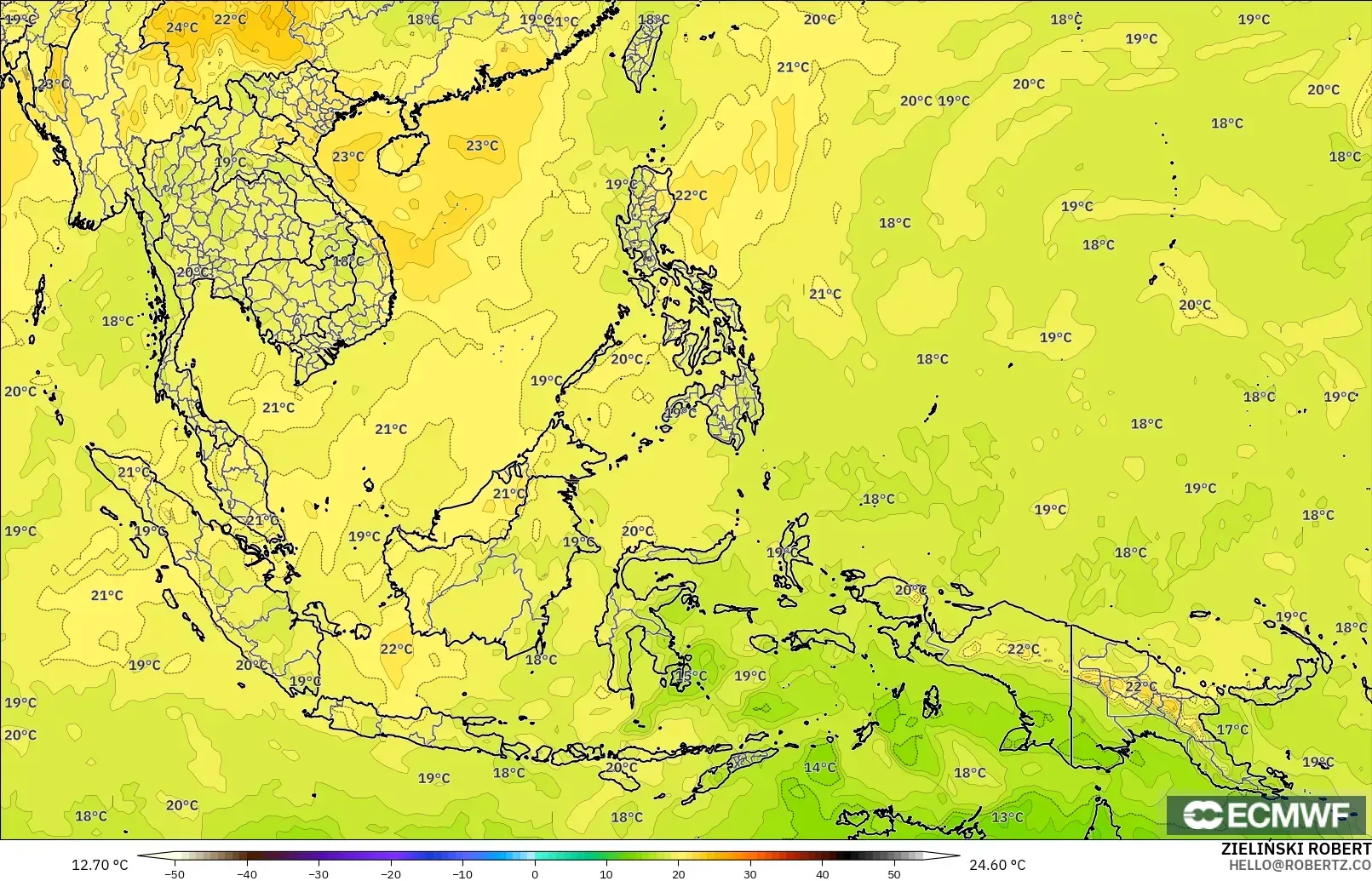 ECMWF IFS 0.25° model - South East Asia, Temperature at 850hPa