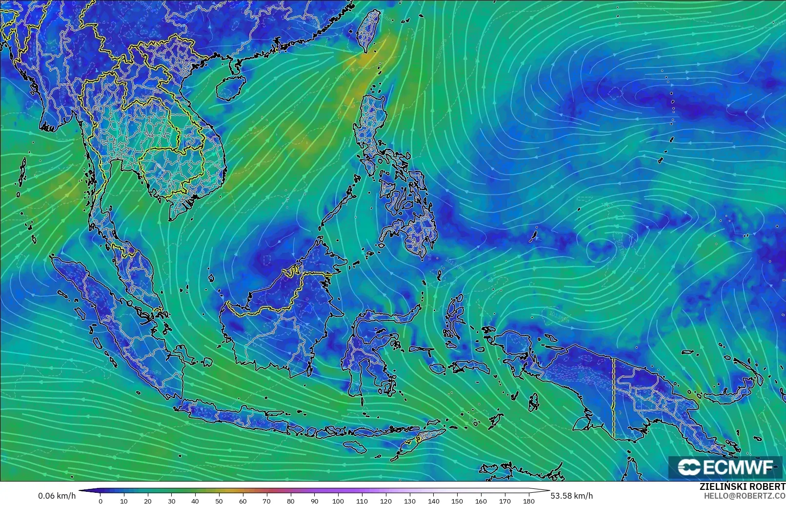ECMWF IFS 0.25° model - South East Asia, Wind at 10m