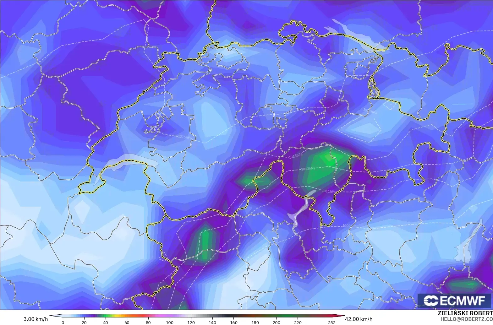 ECMWF IFS 0.25° model - Switzerland, Wind Gusts