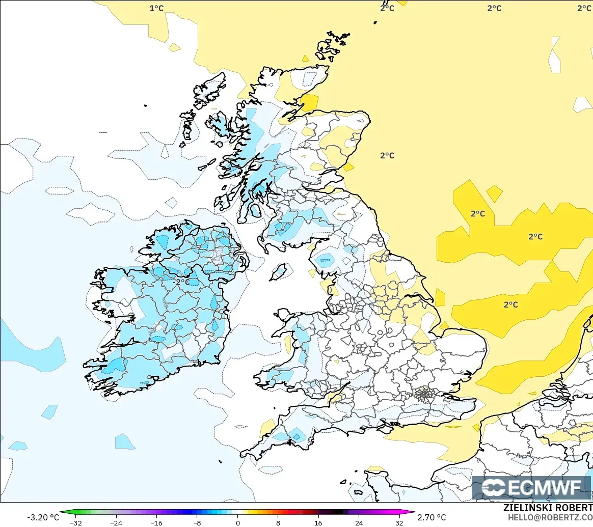 ECMWF IFS 0.25° model - United Kingdom, Temperature at 2m Anomaly