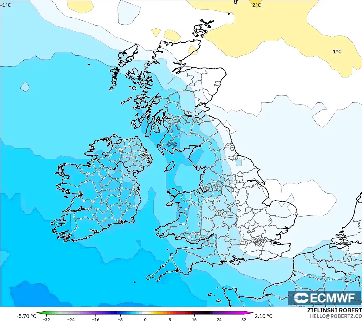 ECMWF IFS 0.25° model - United Kingdom, Temperature at 850hPa Anomaly