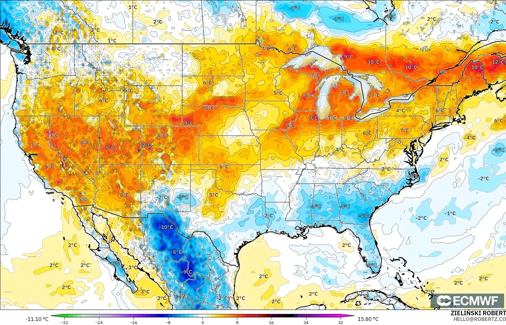ECMWF IFS 0.25° model - United States, Temperature at 2m Anomaly