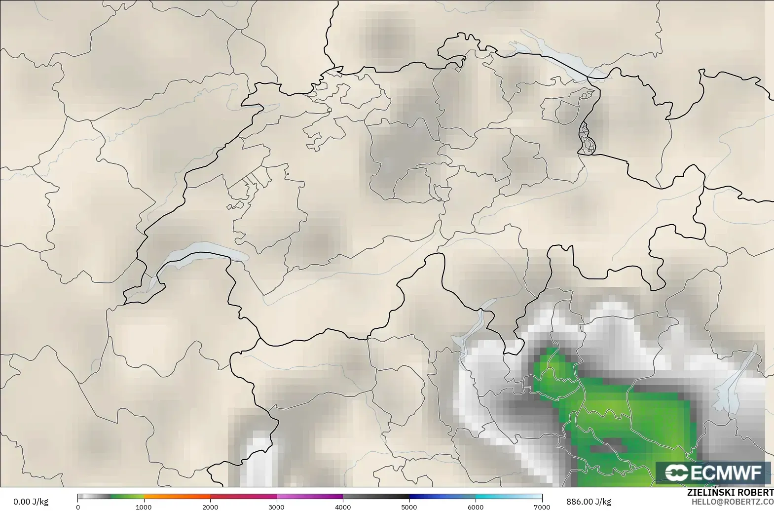 ECMWF IFS 0.25° model - Switzerland, CAPE