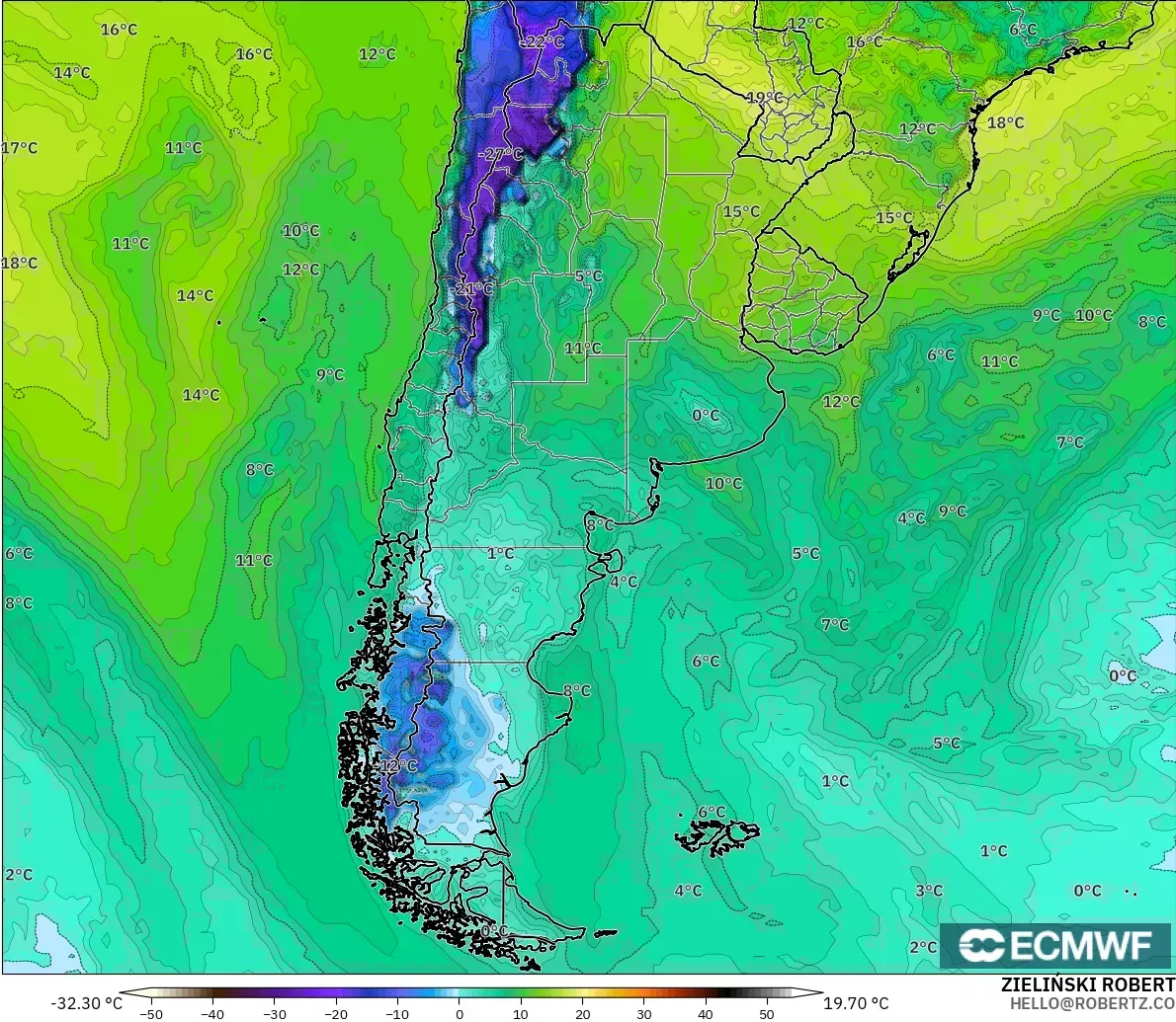 ECMWF IFS 0.25° modelo - Argentina, Dewpoint at 2m
