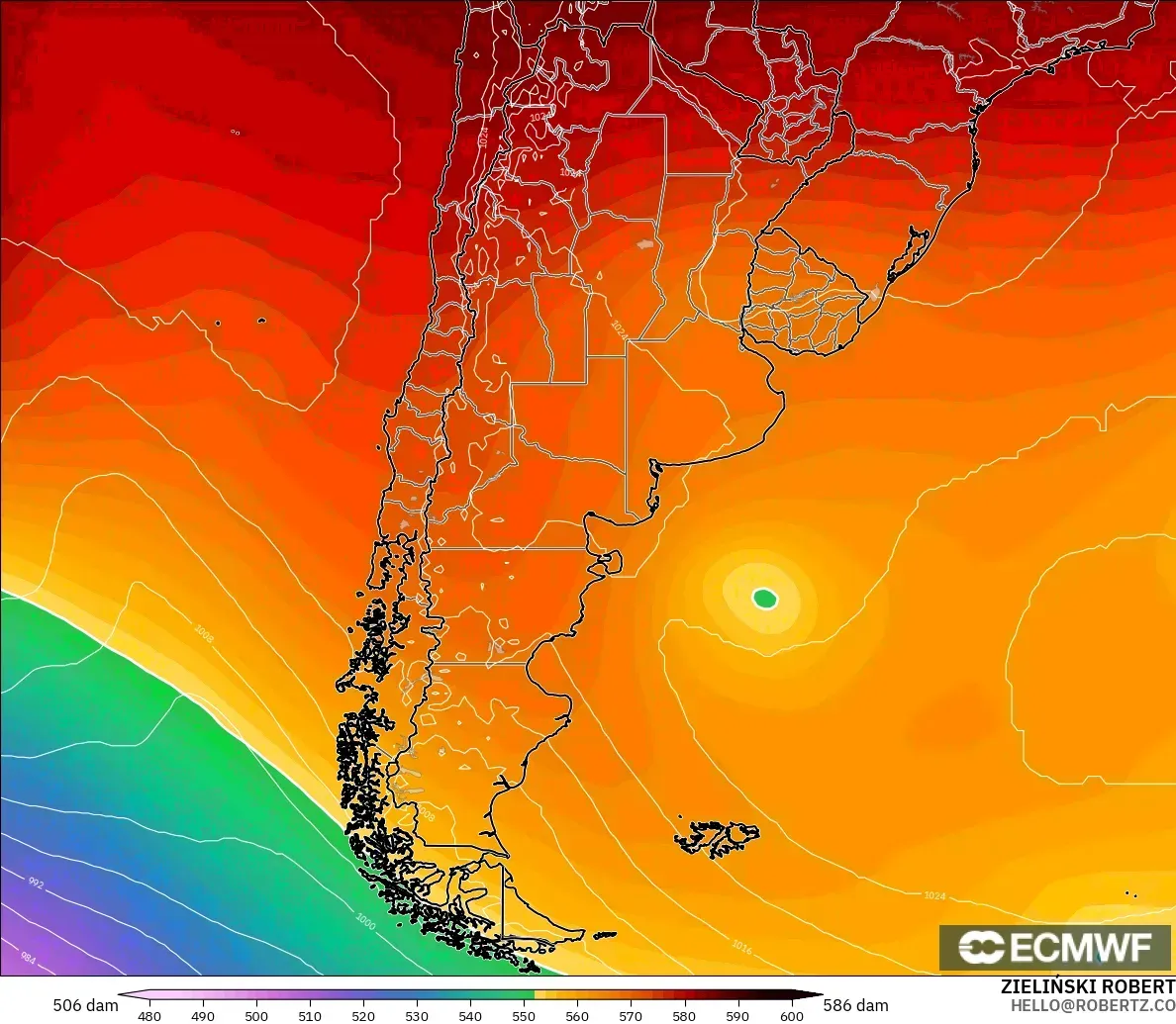 ECMWF IFS 0.25° modelo - Argentina, Geopotential height at 500hPa