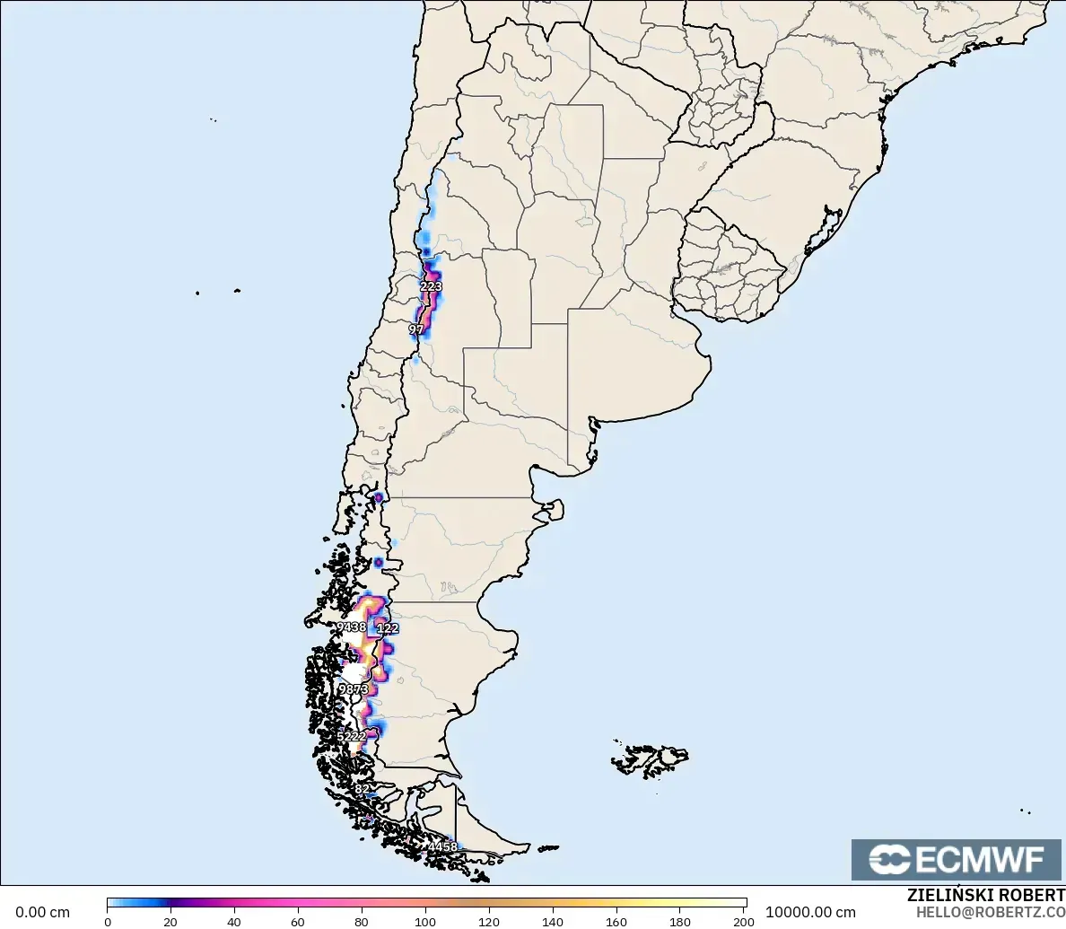 ECMWF IFS 0.25° model - Argentina, Kedalaman Salju