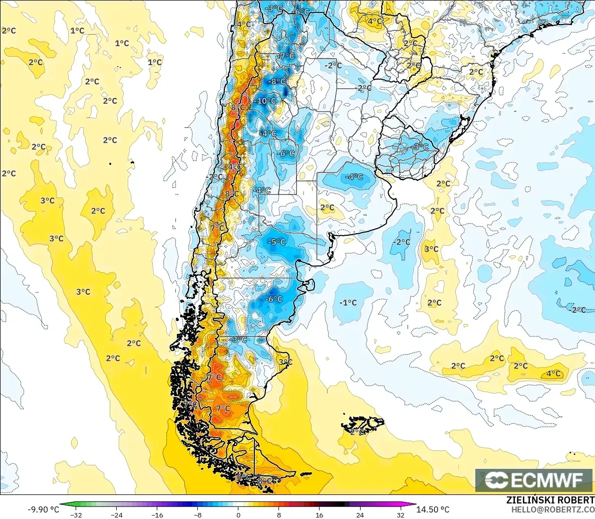 ECMWF IFS 0.25° modelo - Argentina, Temperature at 2m Anomaly