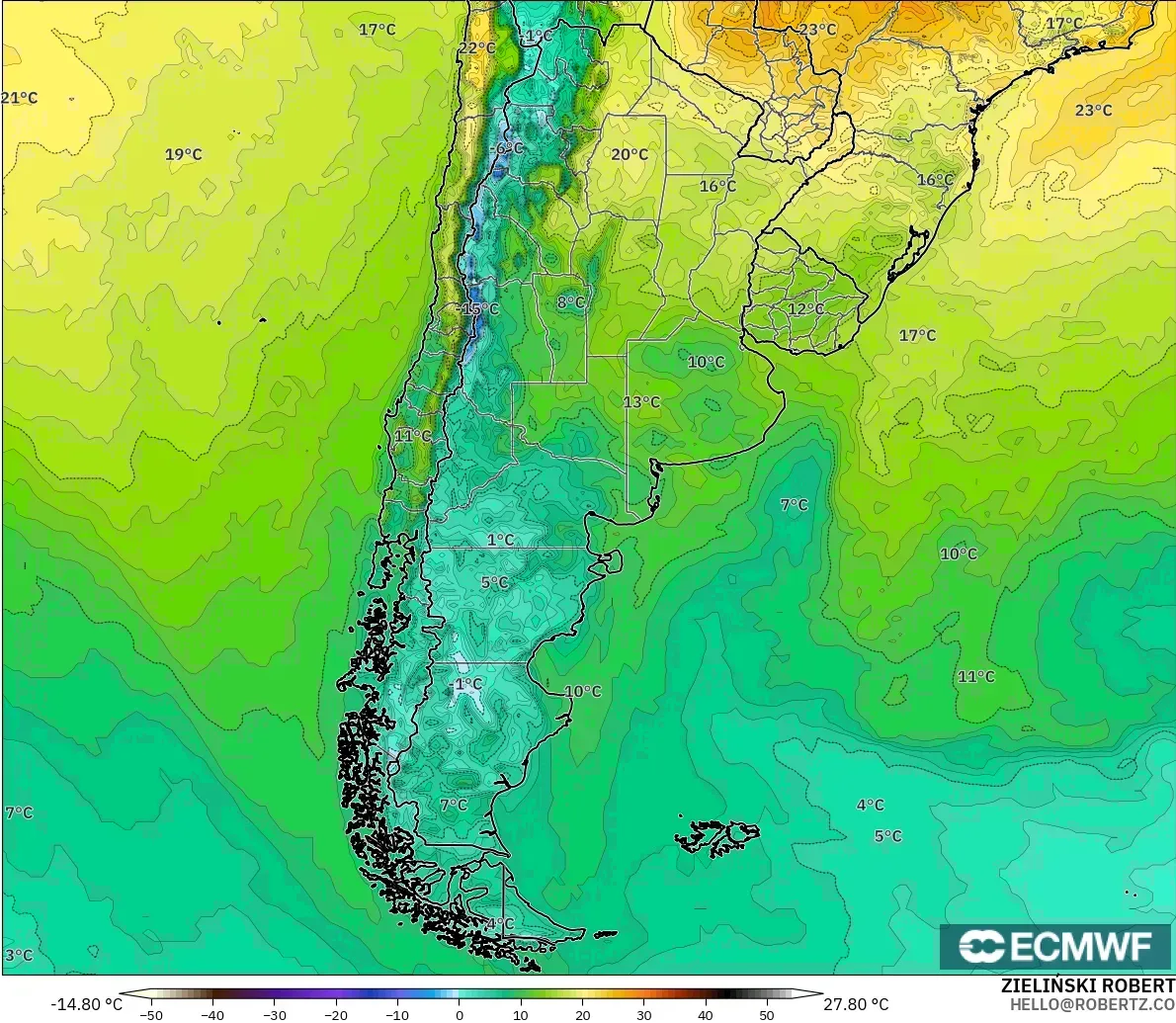 ECMWF IFS 0.25° modelo - Argentina, Temperature at 2m