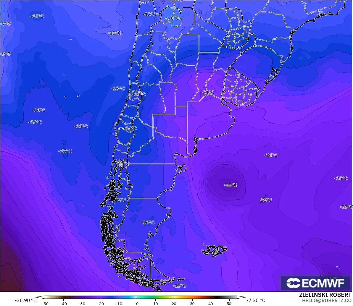 ECMWF IFS 0.25° modelo - Argentina, Temperature at 500hPa