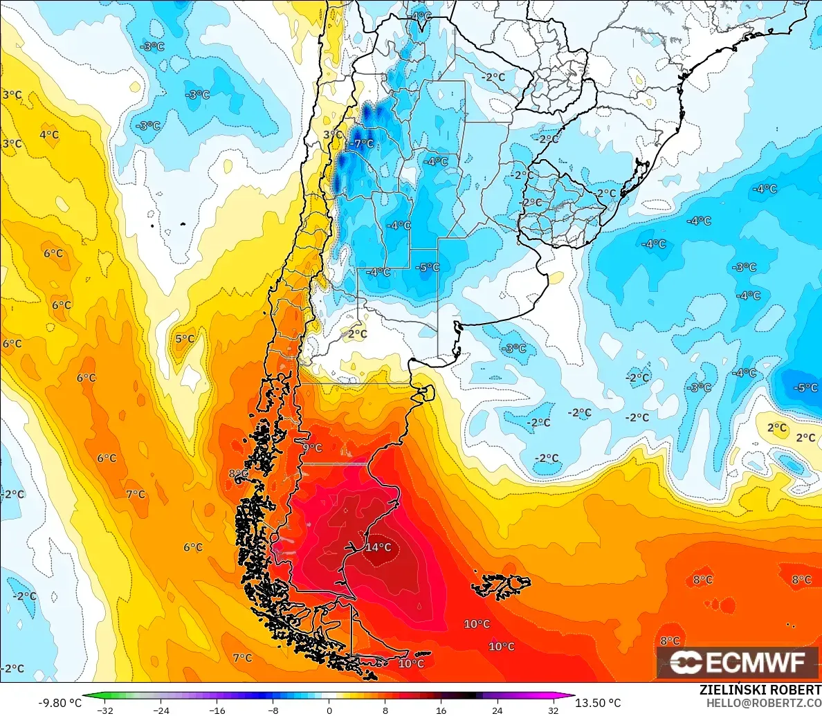 ECMWF IFS 0.25° modelo - Argentina, Temperature at 850hPa Anomaly