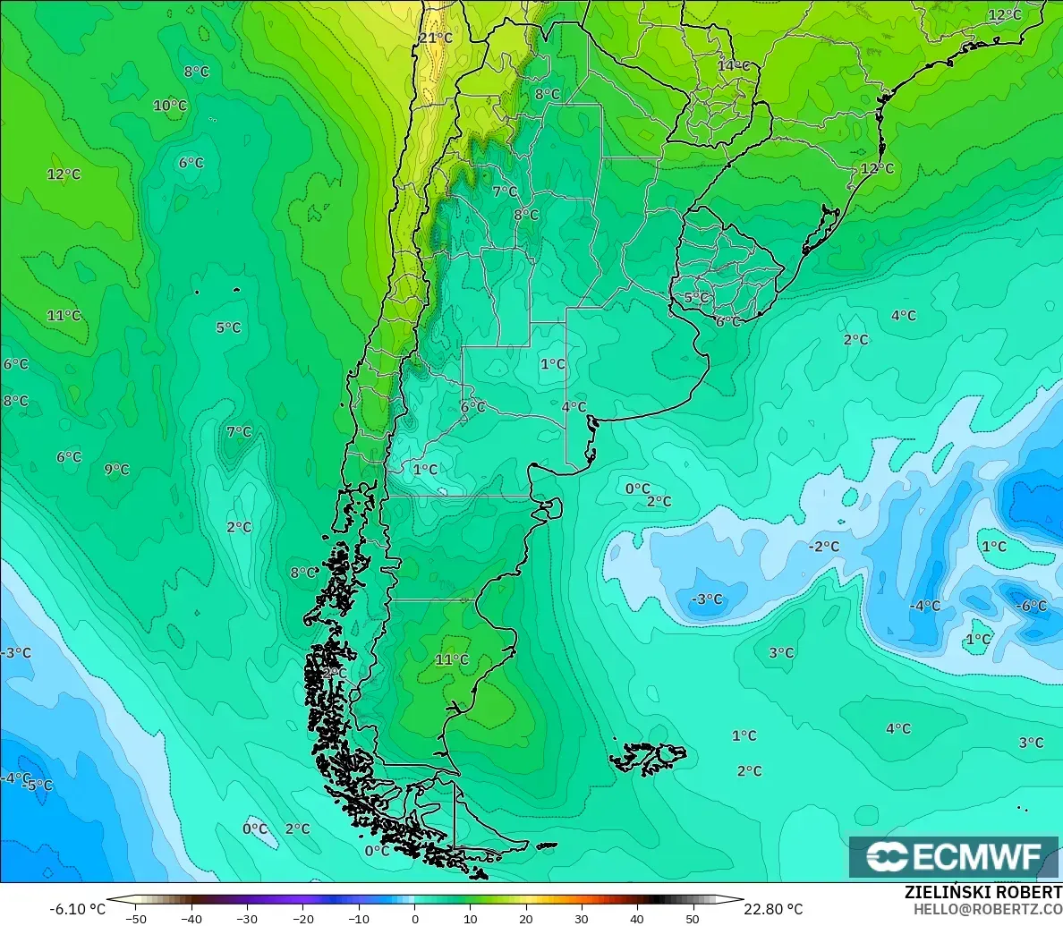 ECMWF IFS 0.25° modelo - Argentina, Temperature at 850hPa