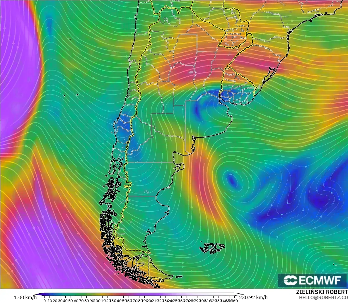 ECMWF IFS 0.25° model - Argentina, Angin 300 hPa (aliran jet)