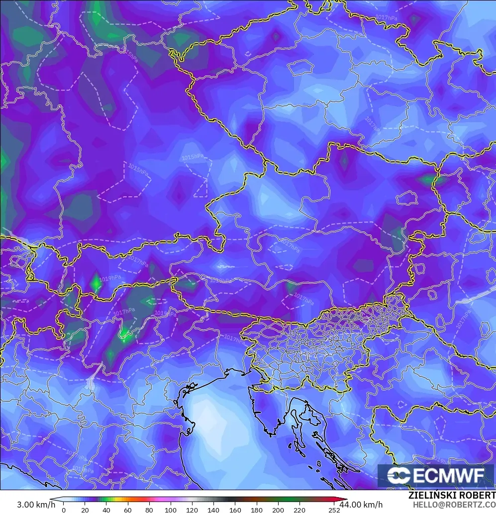 ECMWF IFS 0.25° model - Austria, Hembusan Angin
