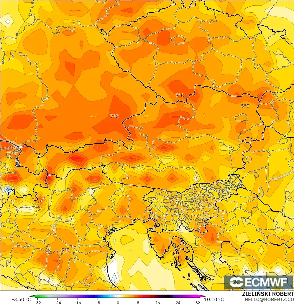 ECMWF IFS 0.25° model - Austria, Anomali Suhu 2 m