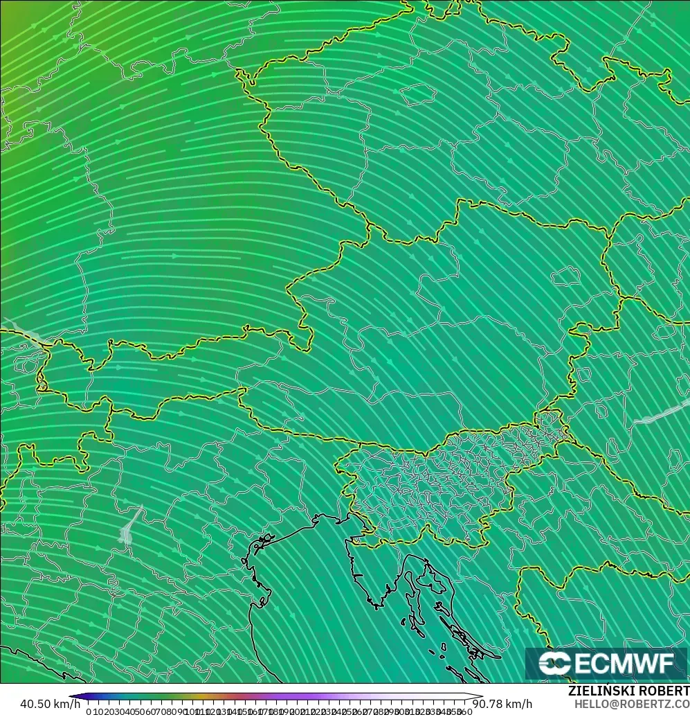 ECMWF IFS 0.25° model - Austria, Angin 300 hPa (aliran jet)