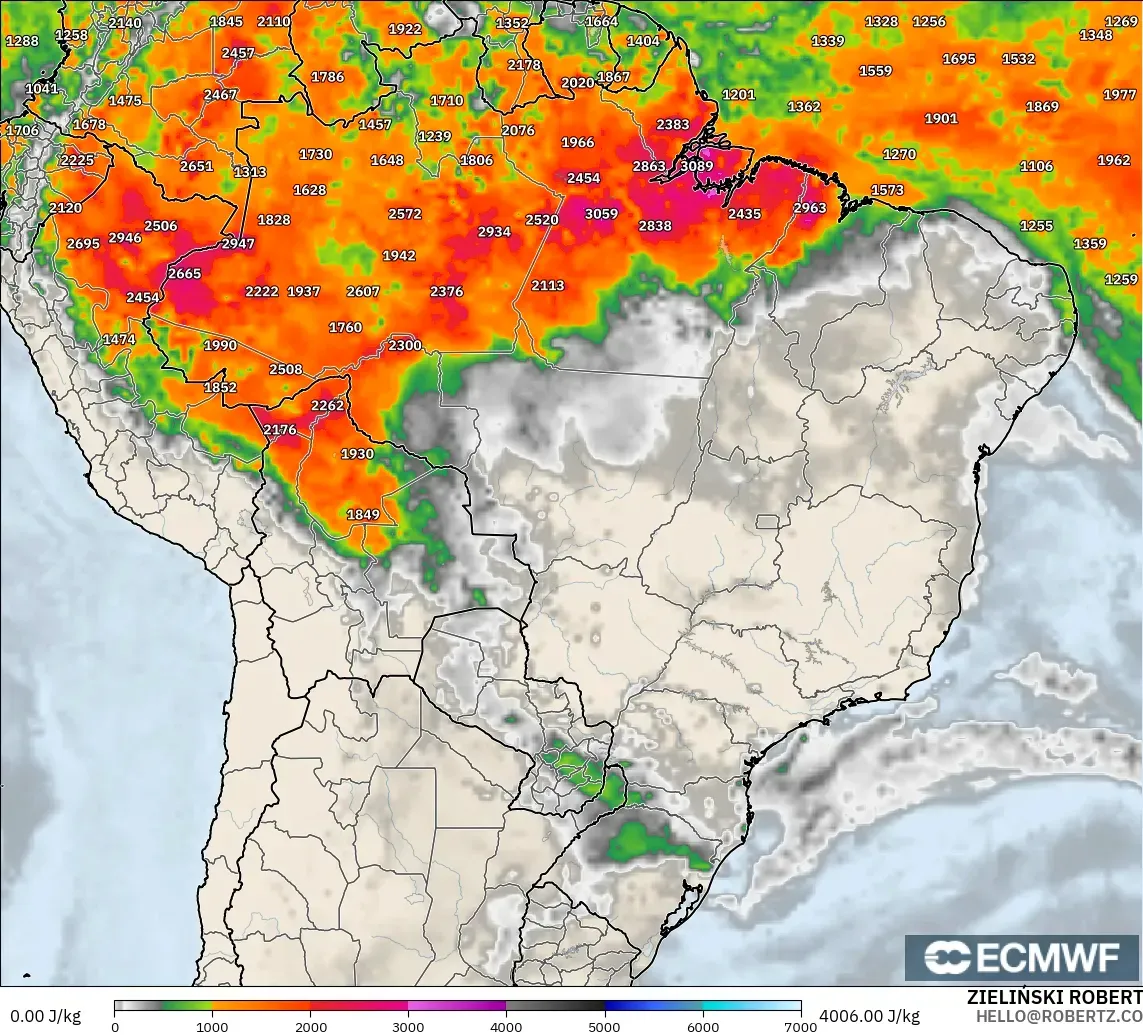 ECMWF IFS 0.25° modelo - Brazil, CAPE