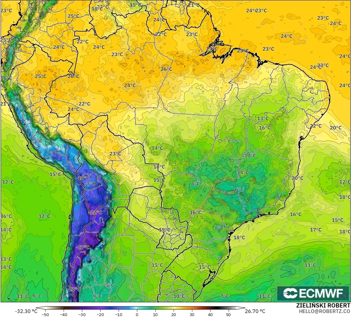 ECMWF IFS 0.25° modelo - Brazil, Dewpoint at 2m