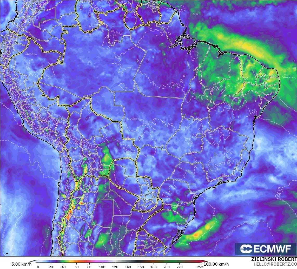 ECMWF IFS 0.25° modelo - Brazil, Wind Gusts