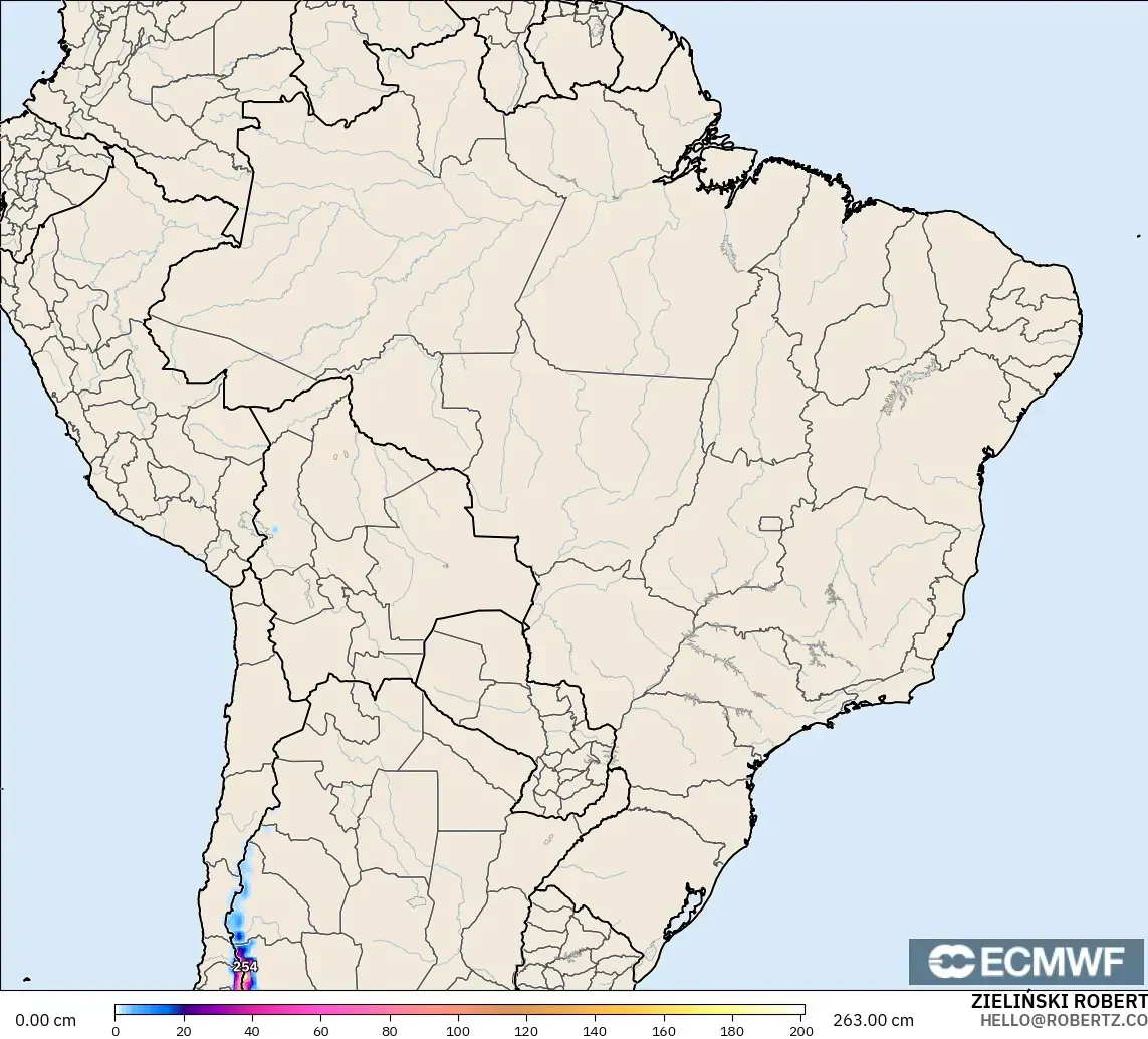 ECMWF IFS 0.25° modelo - Brazil, Snow Depth