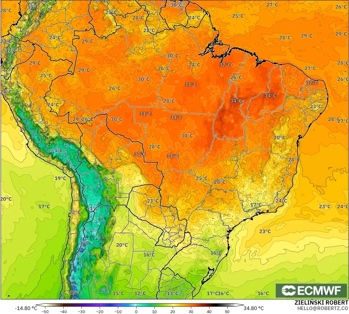 ECMWF IFS 0.25° modelo - Brazil, Temperature at 2m