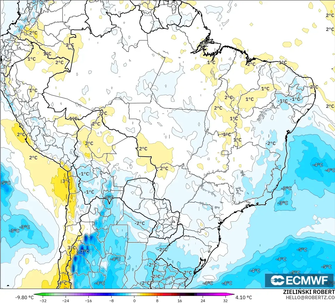 ECMWF IFS 0.25° modelo - Brazil, Temperature at 850hPa Anomaly